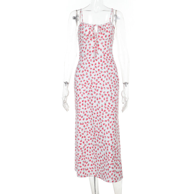 Polka Dot Printed Floral Strap Dress Women Summer French Sexy Backless Dress