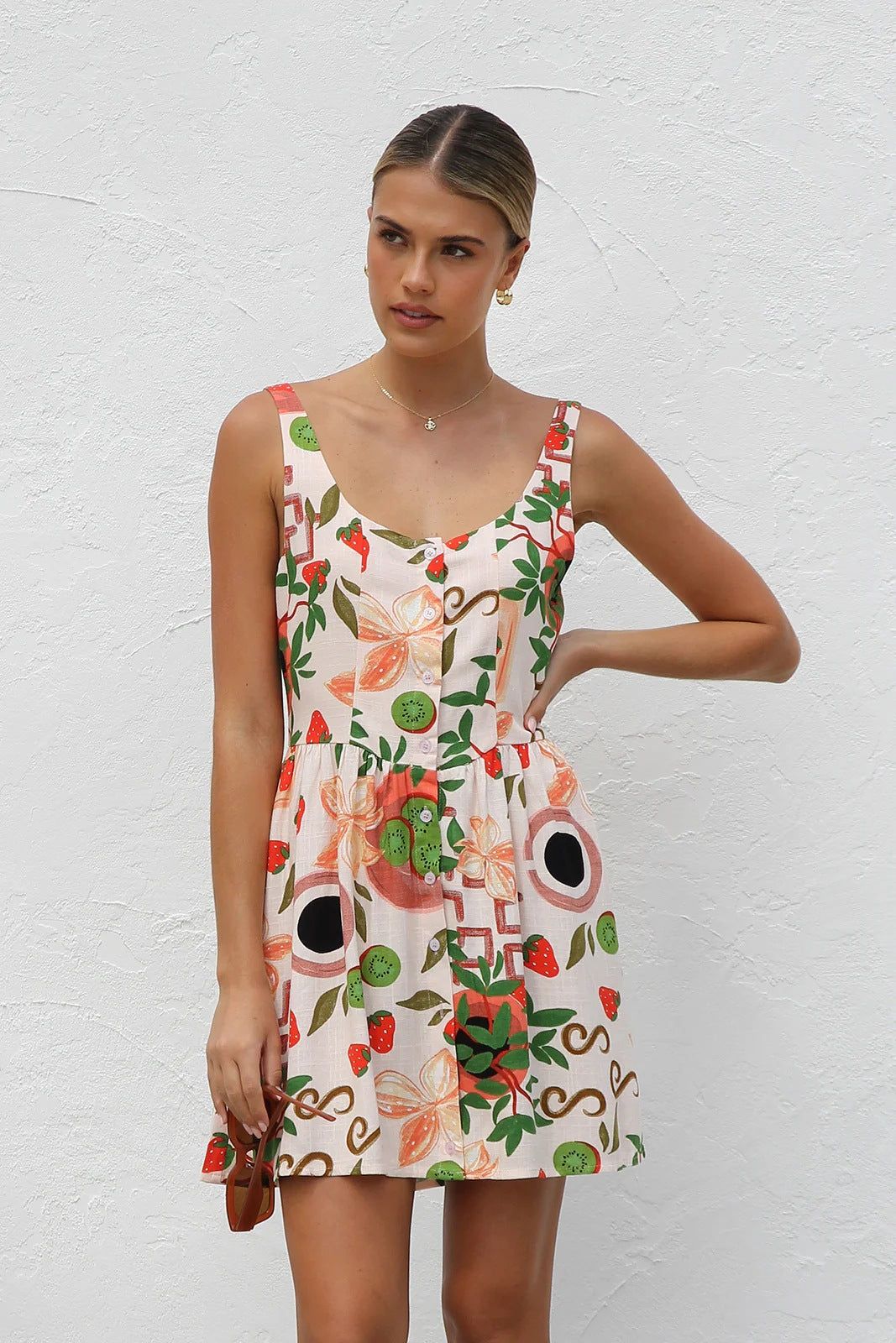 Summer Mini Dress Same Print Button Cardigan Mini Dress