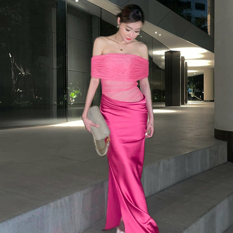 Women Clothing Spring Summer Sexy See through Stitching off Shoulder Dress