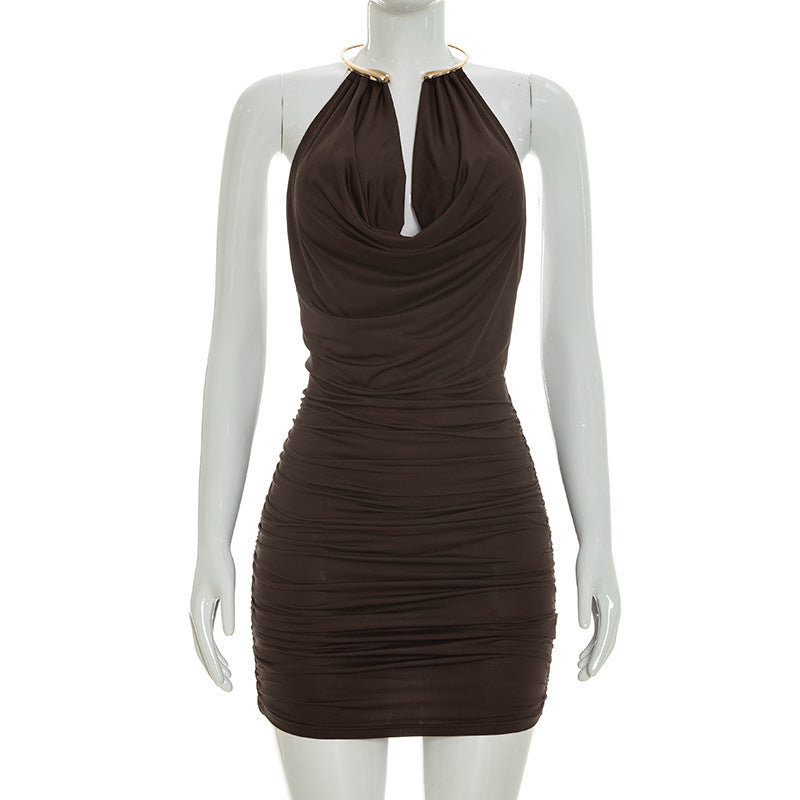 Women Clothing Summer Sleeveless Eyelet Halter Swing Collar Tight Dress