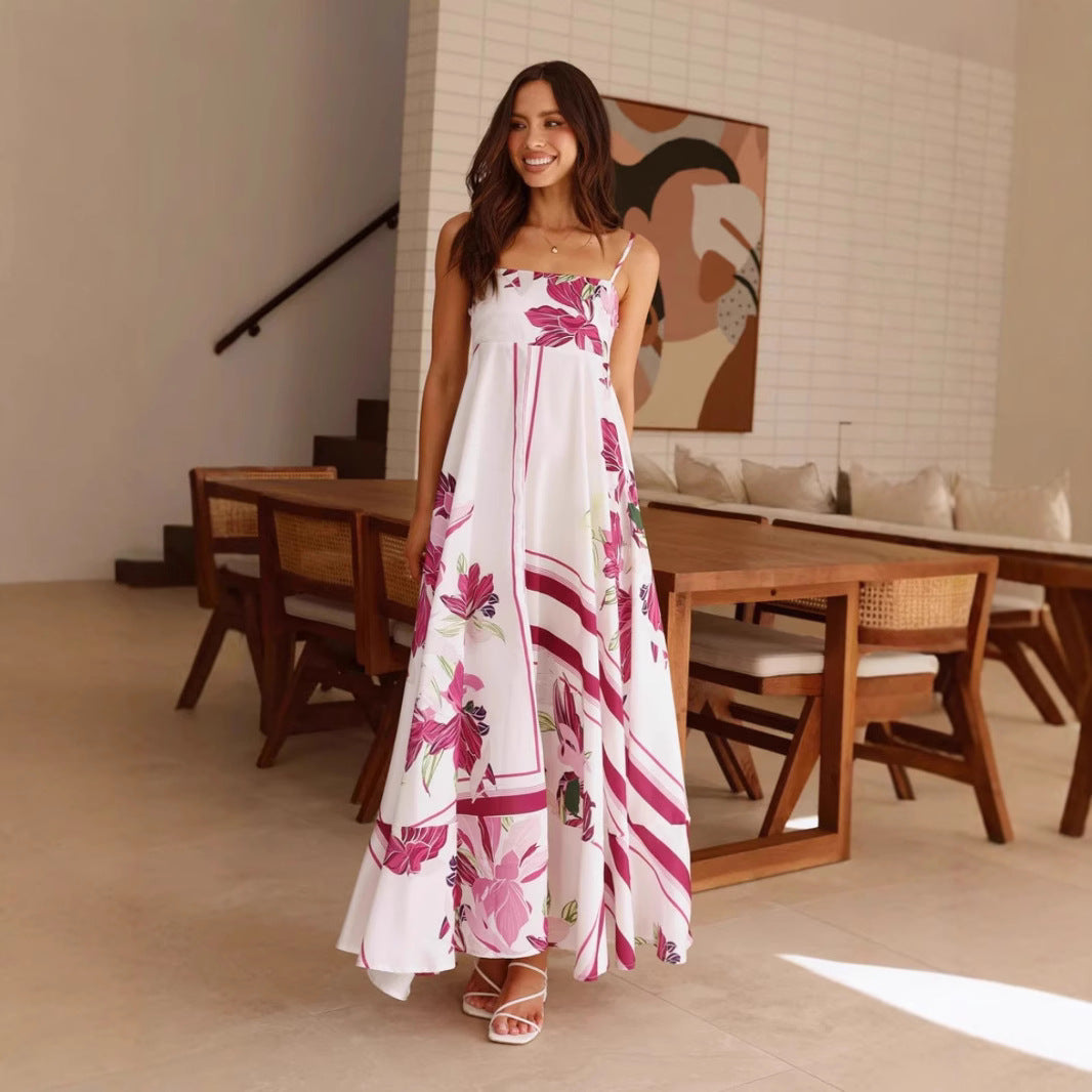 Printed Sling High Waist A line Dress Casual Vacation Spaghetti Straps Maxi Dress