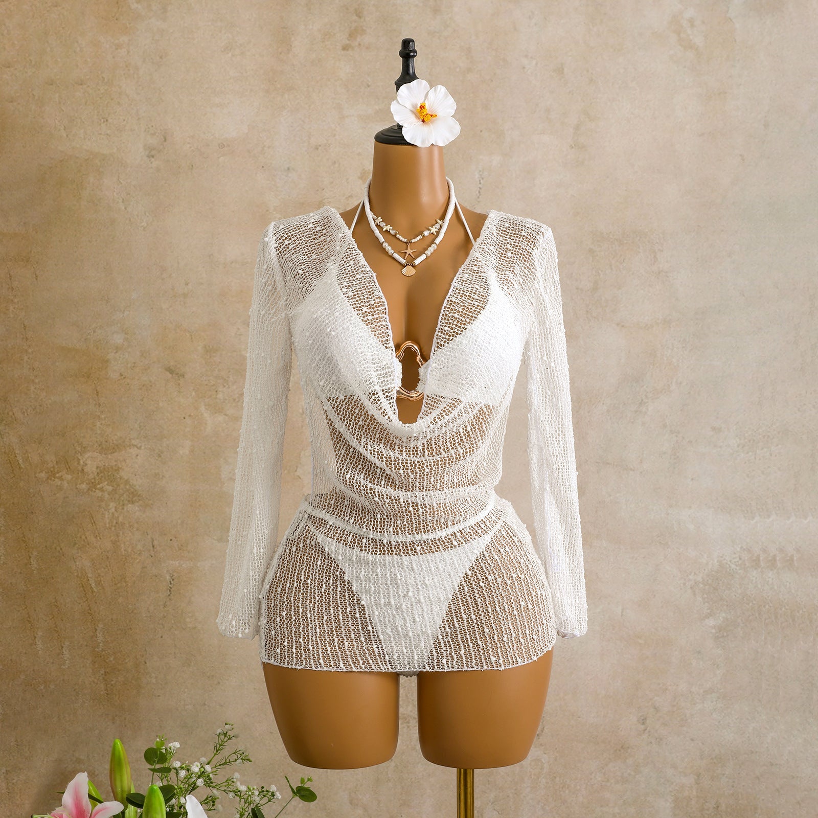Swing Collar Special Sequ Long Sleeve Mesh Three Piece Swimsuit Bikini