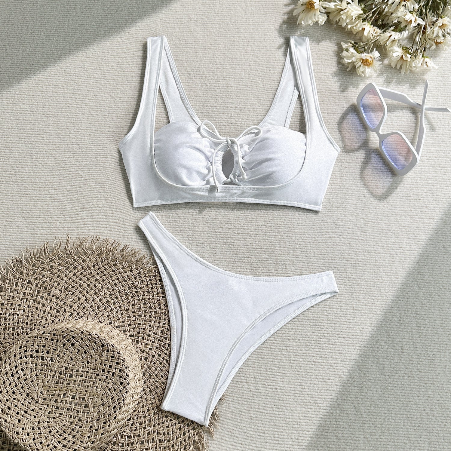 Solid Color Nylon Light Split Sexy Hollow Out Cutout Lace Swimsuit Swimwear Bikini