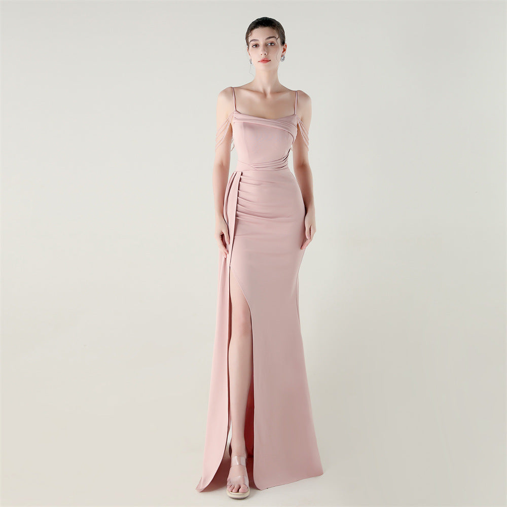 Bandeau Sling Satin Craft Beaded Chain Fishtail Evening Dress Dinner Wedding Ball