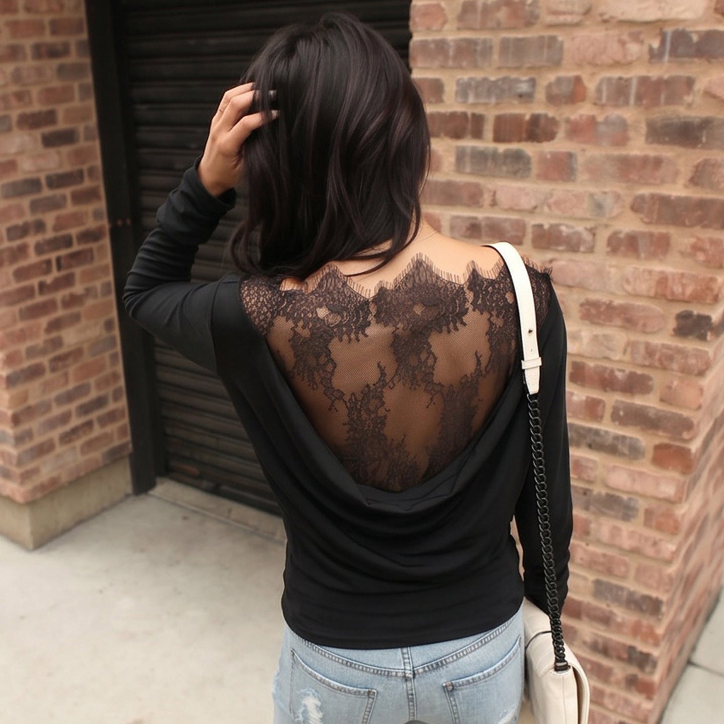 Black Sexy Lace Stitching Hollow Out Cutout out See through Backless Top Swing Collar off Shoulder Waist Controlled Long Sleeves T shirt
