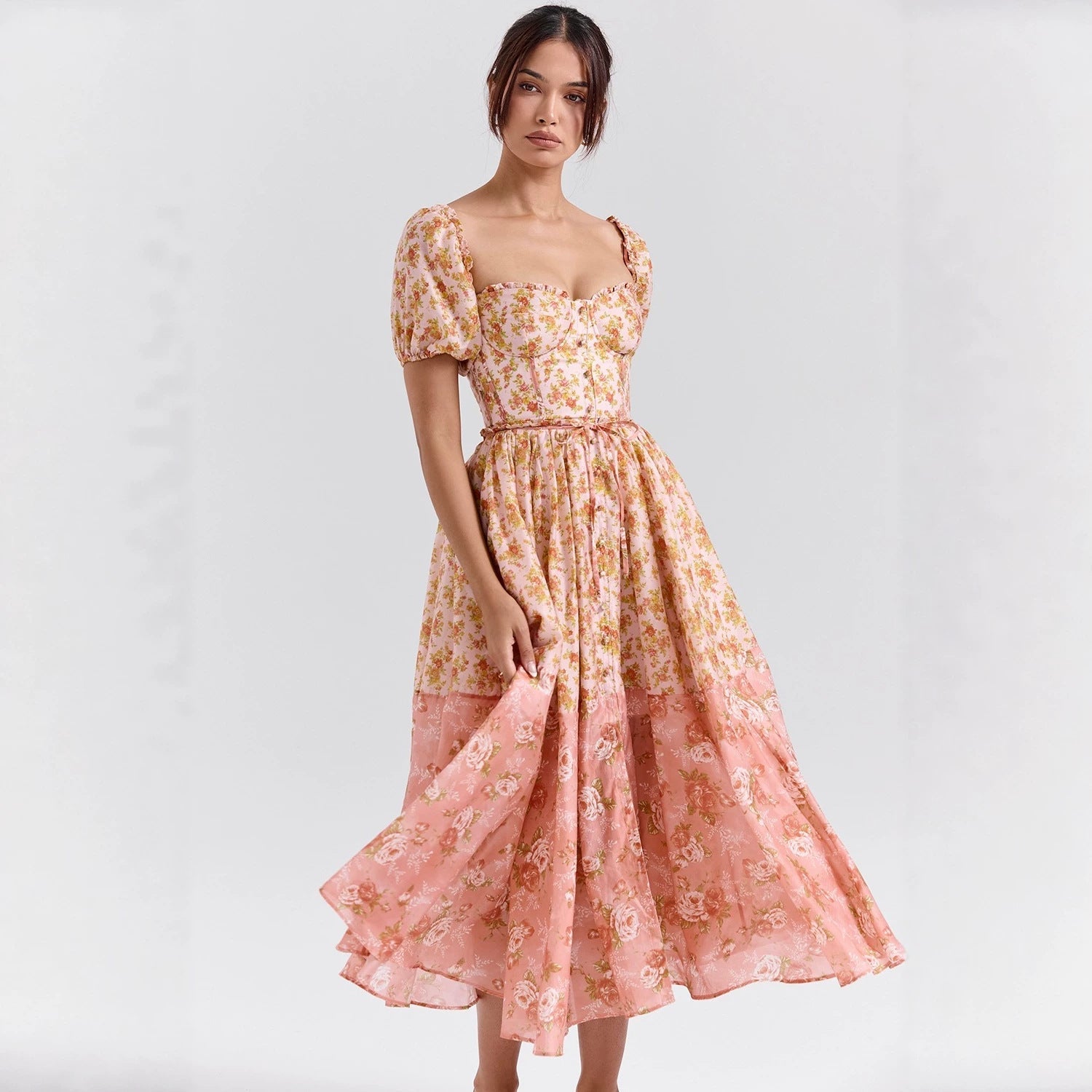 Bubble Sleeve Women Floral Floral Print Pleated Women Dress