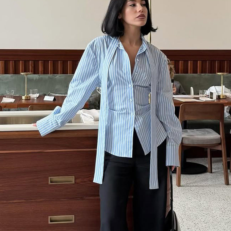 Women Clothing Striped Collared Shirt Women Waist Controlled Long Sleeves Lace up Cardigan Shirt Top
