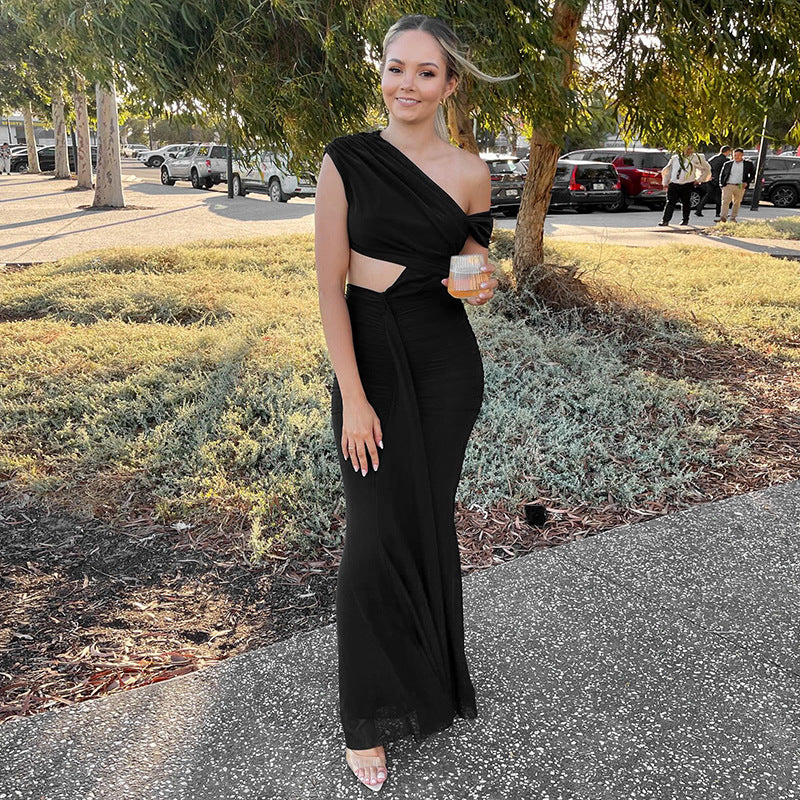 Women Clothing Spring Summer Solid Color Elegant Socialite Pleated Sexy Oblique Shoulder Dress Women