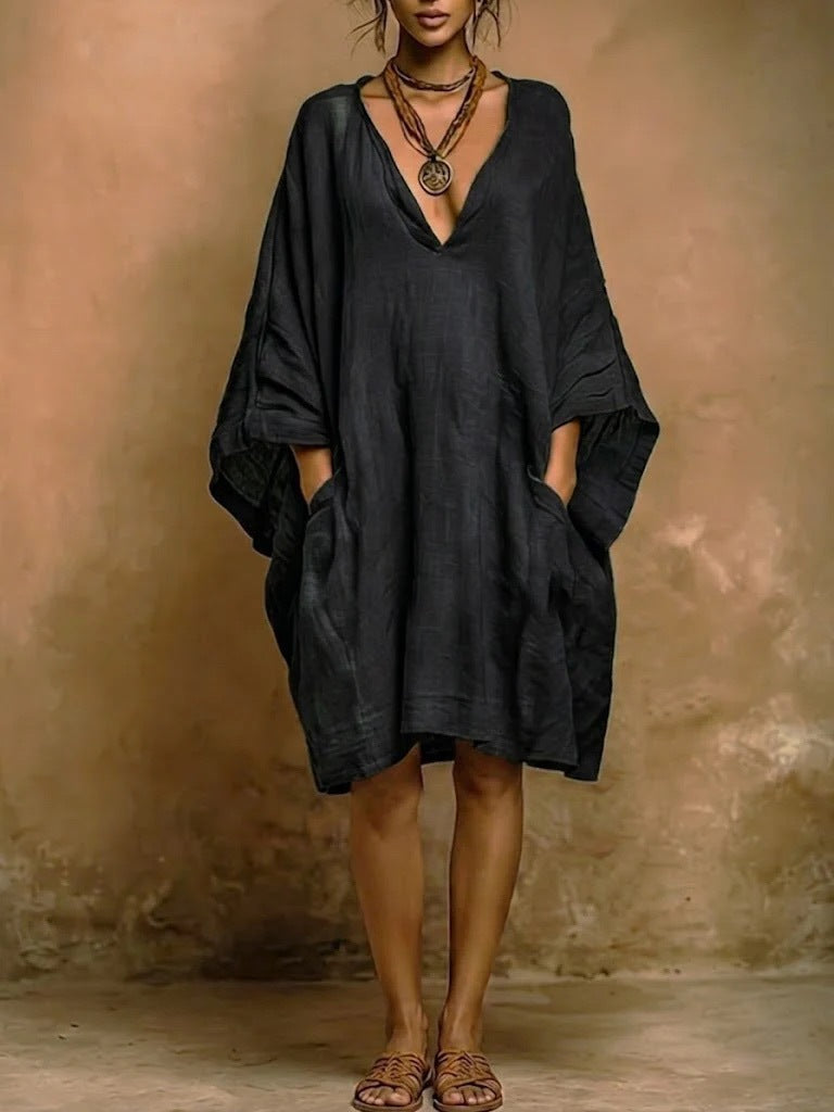 Loose Large V neck Pocket Batwing Sleeve Solid Color Midi Dress