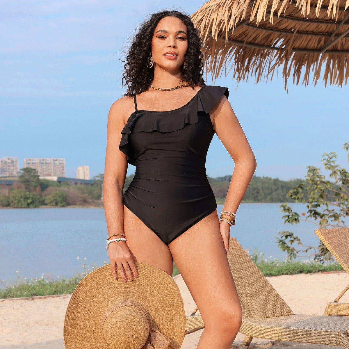 Sexy One Shoulder Lace Pleating One Piece Swimsuit