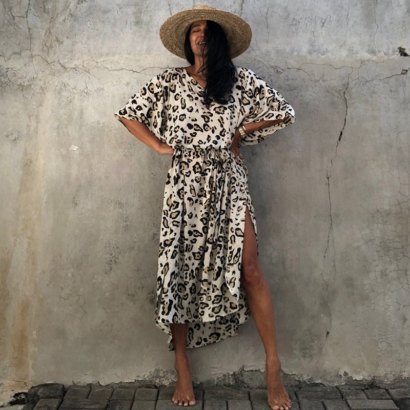 Printed Long Skirt Beach Cover up Vacation Maxi Dress Bikini Swimsuit Blouse Sun Protection Shirt