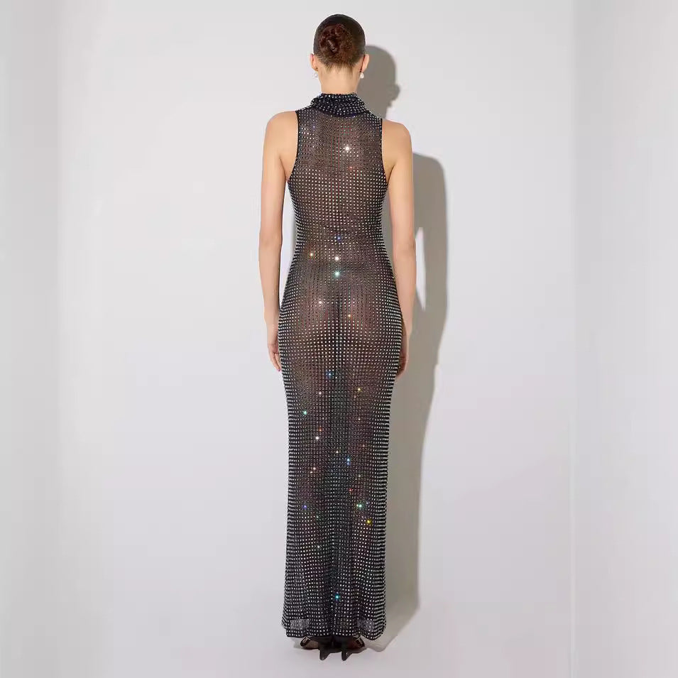 Summer Sexy Sheer Cutout Maxi Dress Mesh Rhinestone Sleeveless Maxi Dress Women