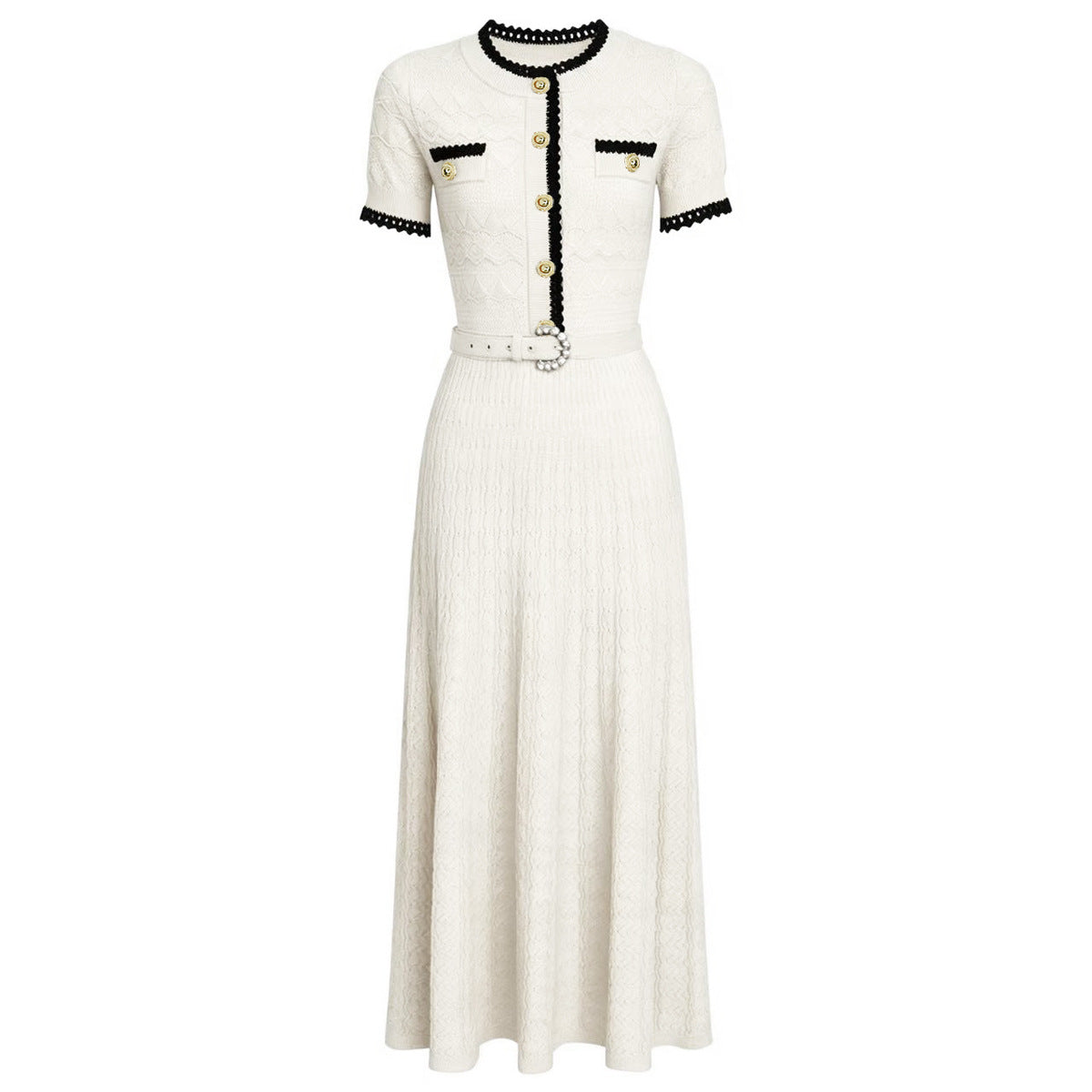 Summer Ladies Internet Popular Slim Fitting Figure Flattering Belt Short Sleeve Long Pattern Dress Women