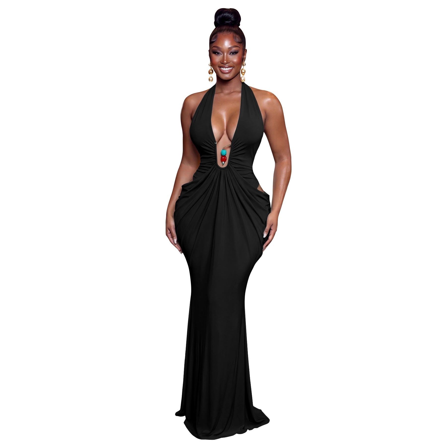 Women Clothing Elegant Halter V neck Sexy Backless Lace up Pleated Maxi Dress