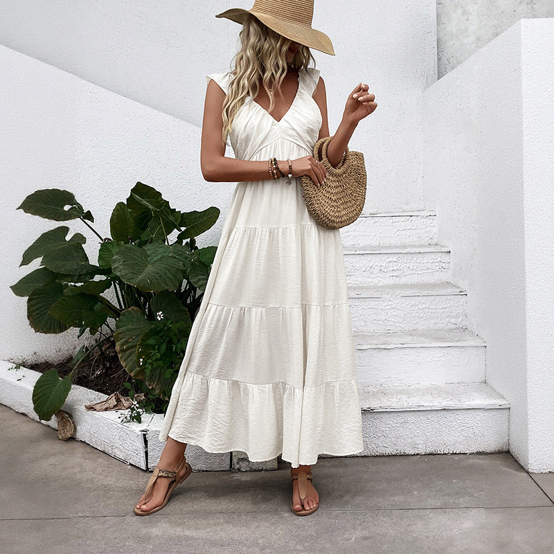 Casual Simple Sleeveless V neck Vacation Dress White Dress