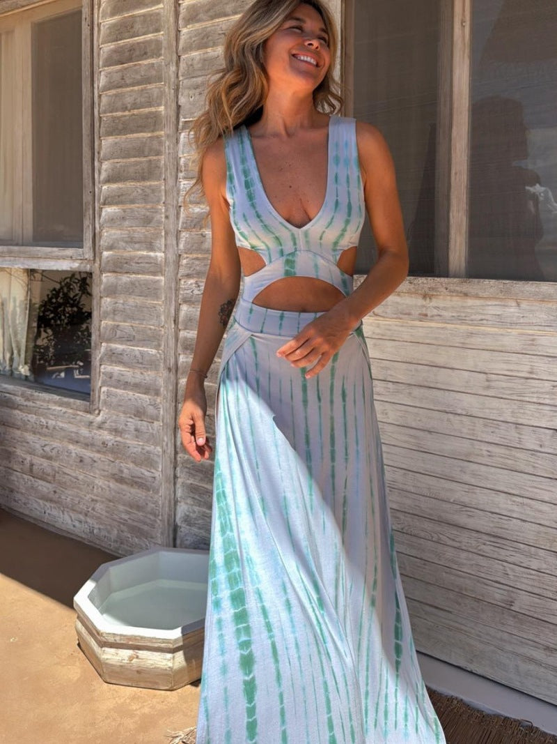 Summer Dress Printed V neck Cropped Outfit Split Sexy Vest Long Dress