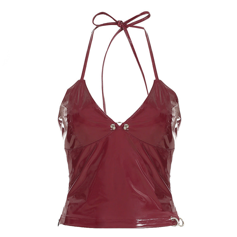 Wine Red Retro Sexy Faux Leather Camisole Top Personality Street Backless Halter Lace up Zip Vest