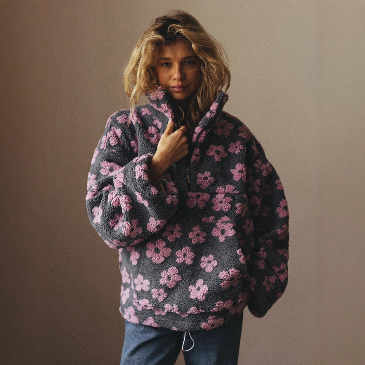 Women Polar Fleece Floral Autumn Winter Sweater Warm Furry Fleece Pullover