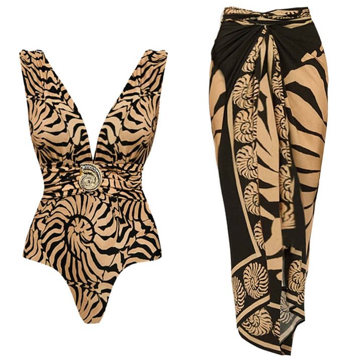 V neck Thread Printed One Piece Swimsuit Women Long Skirt Set
