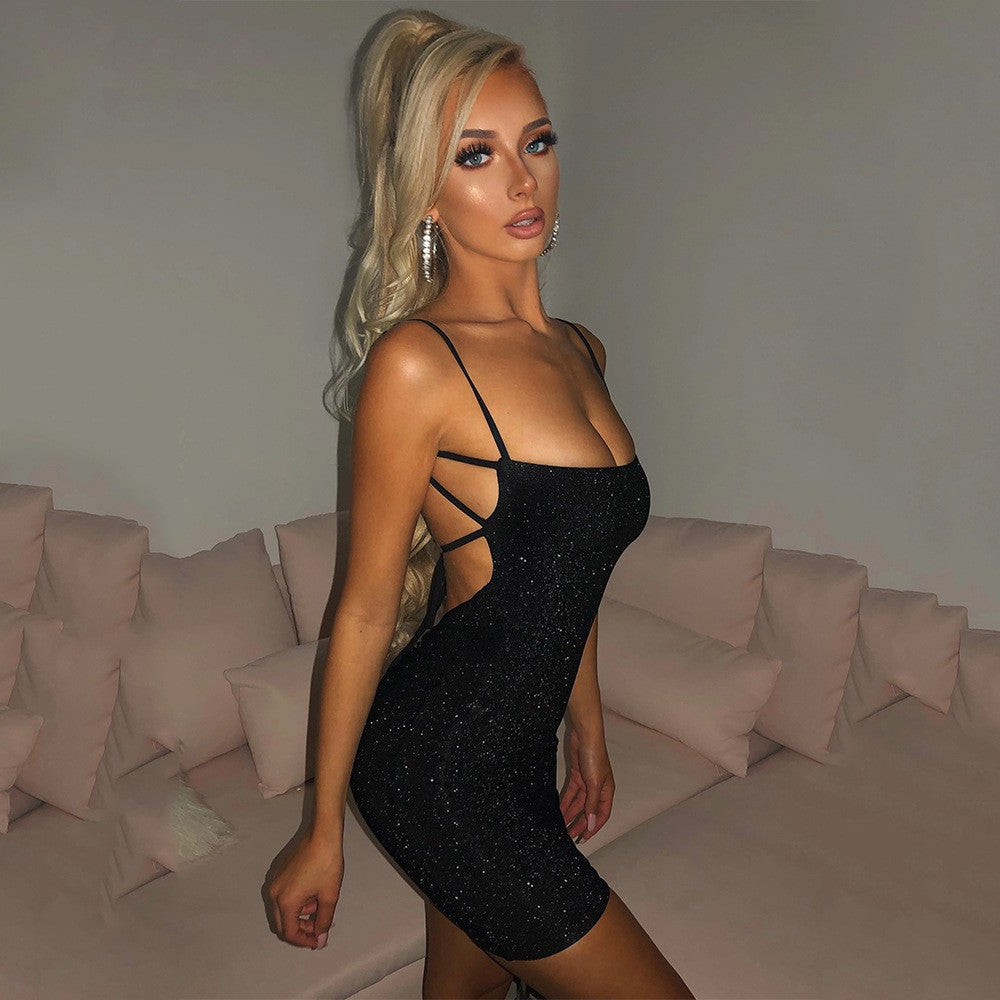 Summer Solid Color Shiner Sexy Suspenders Nightclub Backless Hip Dress Gold Silk Women