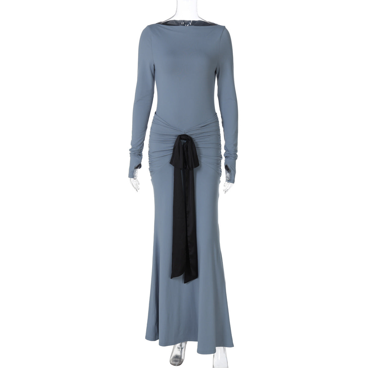 Women Clothing Summer Solid Color Pleated Waist Controlled Lace up Long Sleeve Dress Women