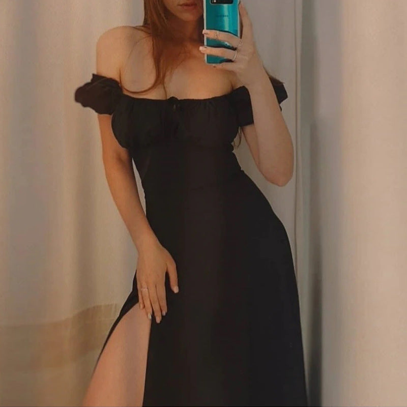 Summer French Dress Women Clothing Puff Sleeve Lace Up Slim Fit Dress