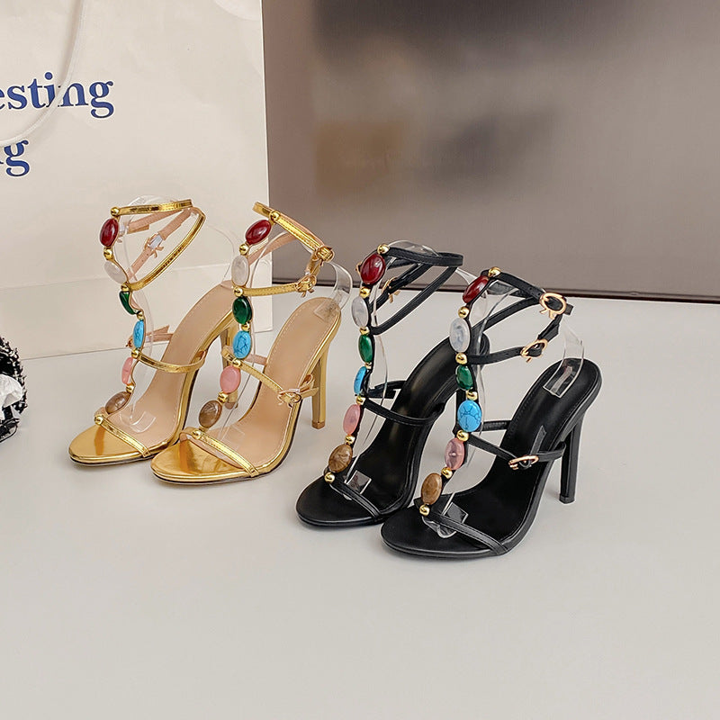 Summer 11cm Stiletto Heels Pearl Open Toe Ankle Strap Buckle Sandals Women Sexy