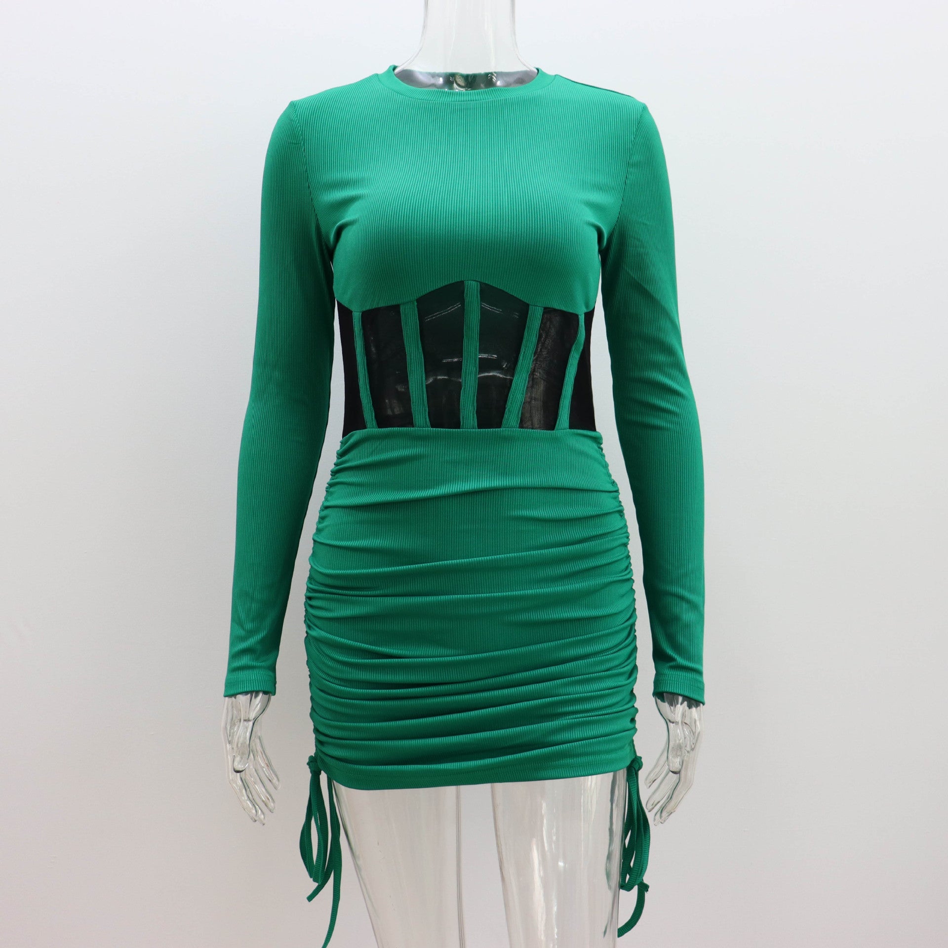 Mesh Hollow Out Cutout Waist Dress for Women Spring Summer Women Wear round Neck Sexy Long Sleeve Pleating Short Dress for Women