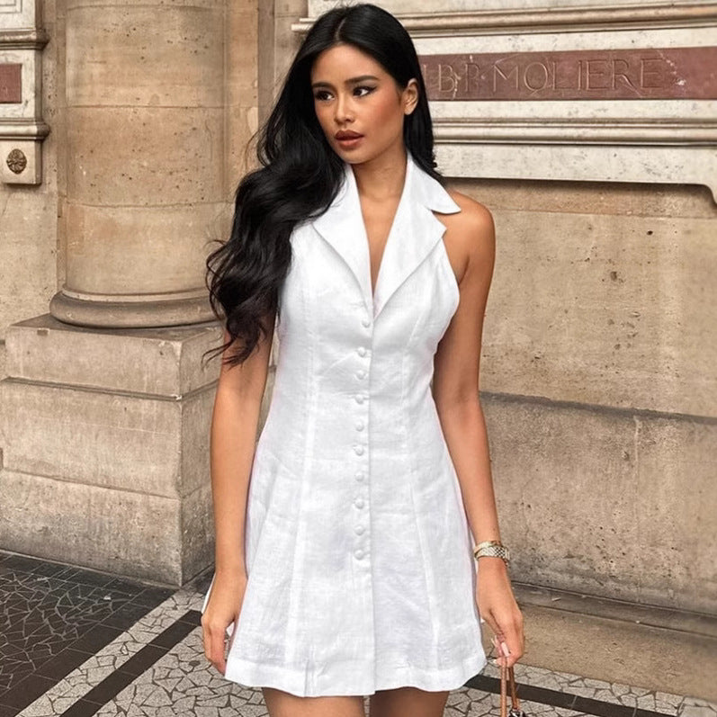 French Cotton Linen Halter Sexy Backless Dress Spring Summer Short for Women