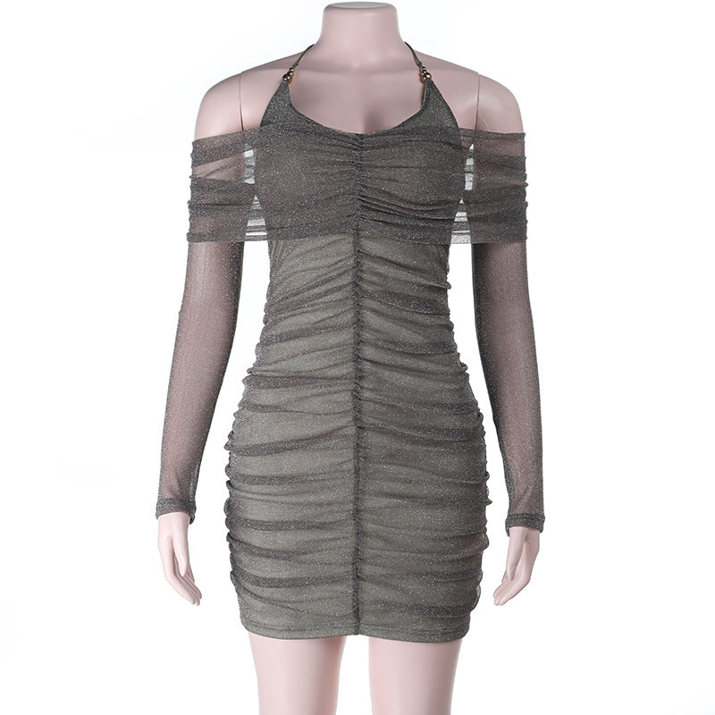 Autumn Winter Evening Dress Sexy Tube Top Halter Mesh Thin Glittering Hip Dress