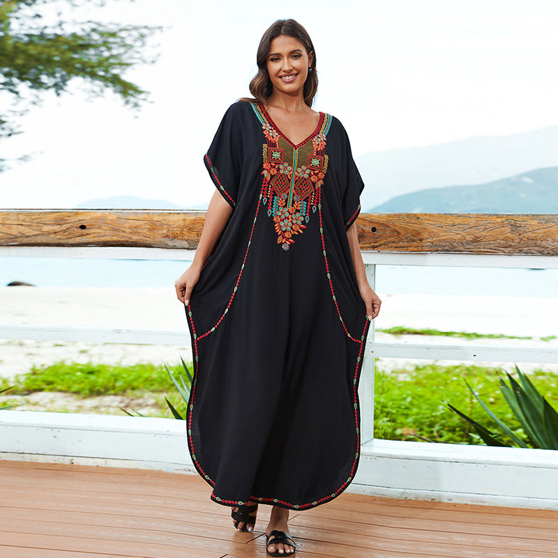 Casual Vacation Loose Maxi Dress Beach Cover up Embroidered Dress Bikini Swimsuit Outwear