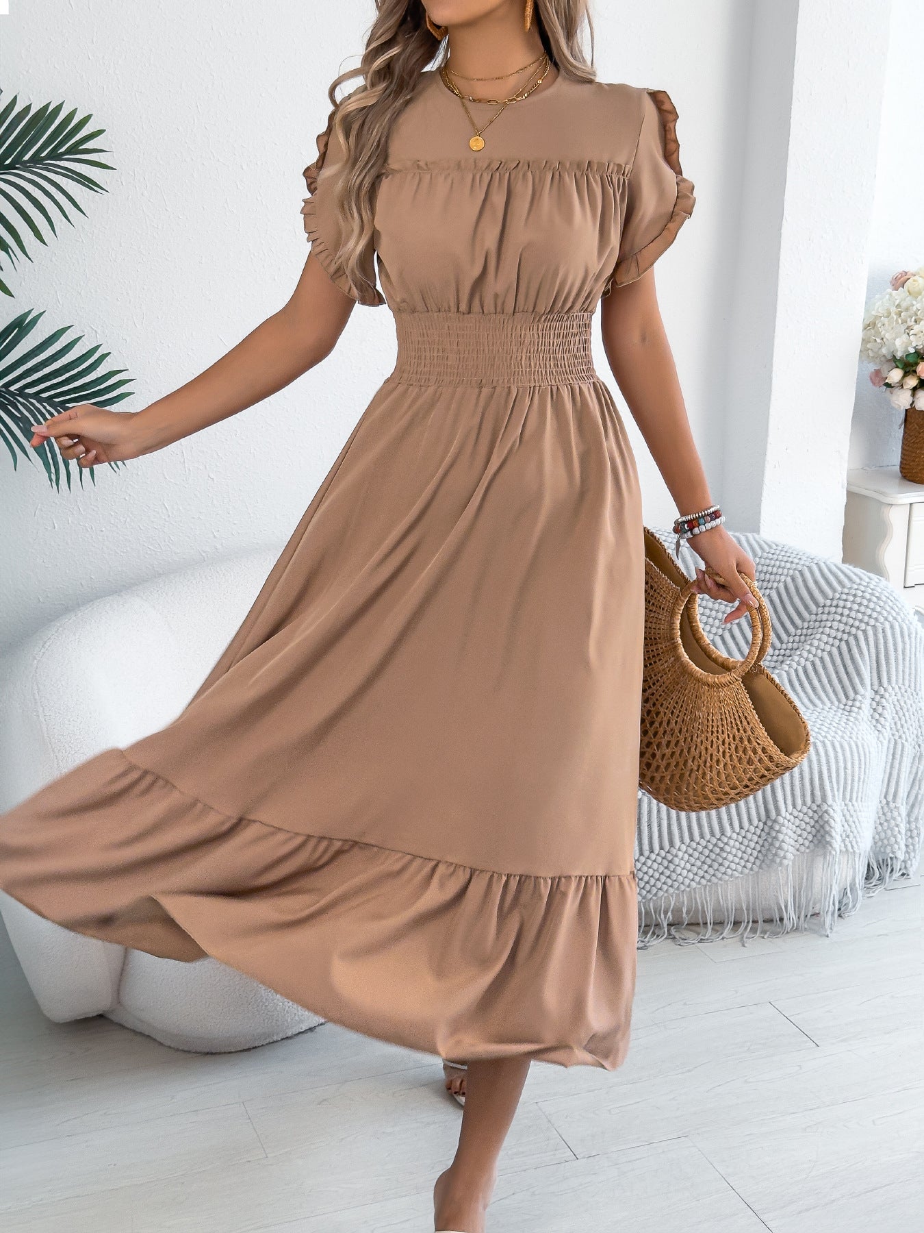 Spring Summer Casual Stringy Selvedge Short Sleeve Smocking Waist Controlled Large Hem Maxi Dress Women Clothing
