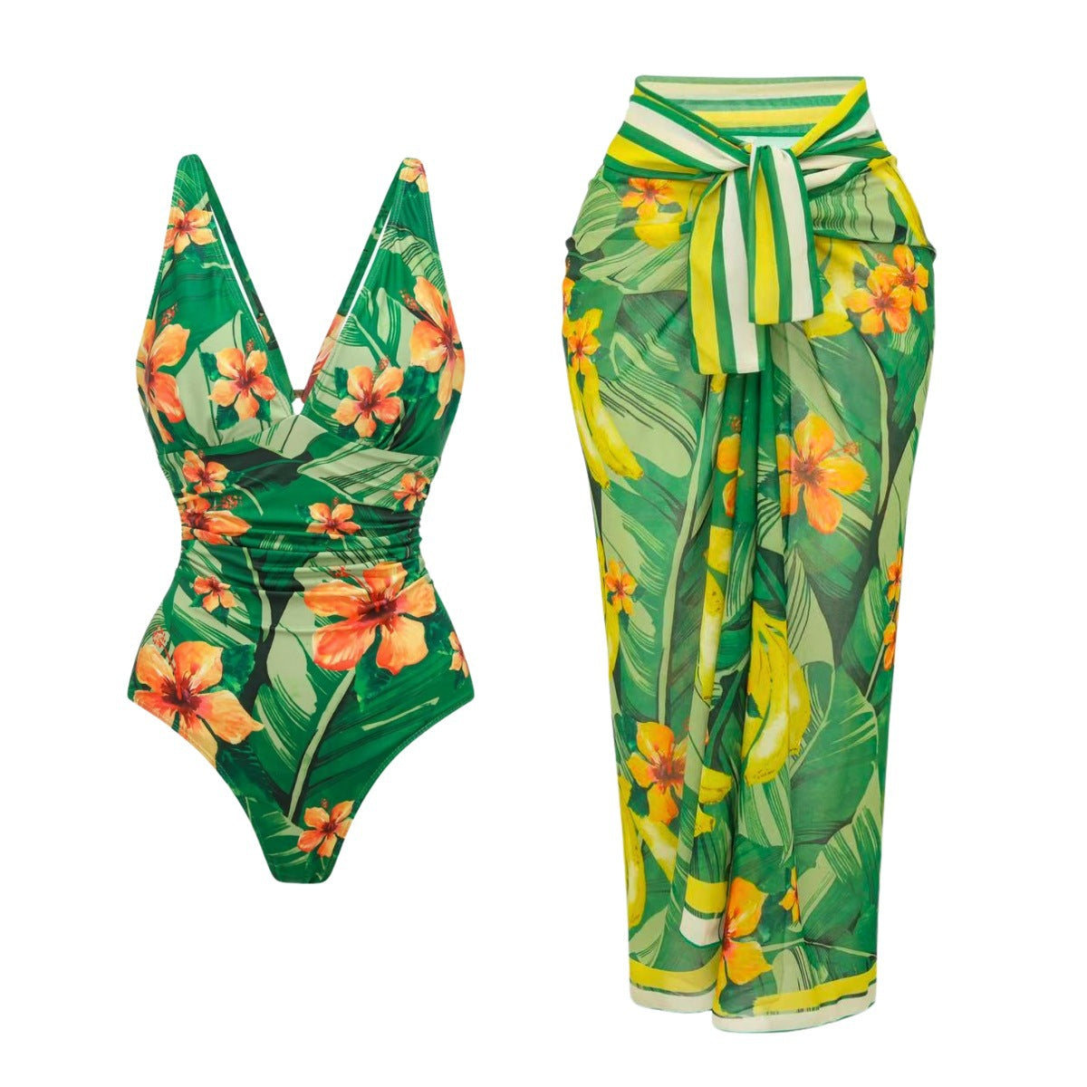 Swimsuit Green Banana Floral Print One Piece Swimsuit Set Women