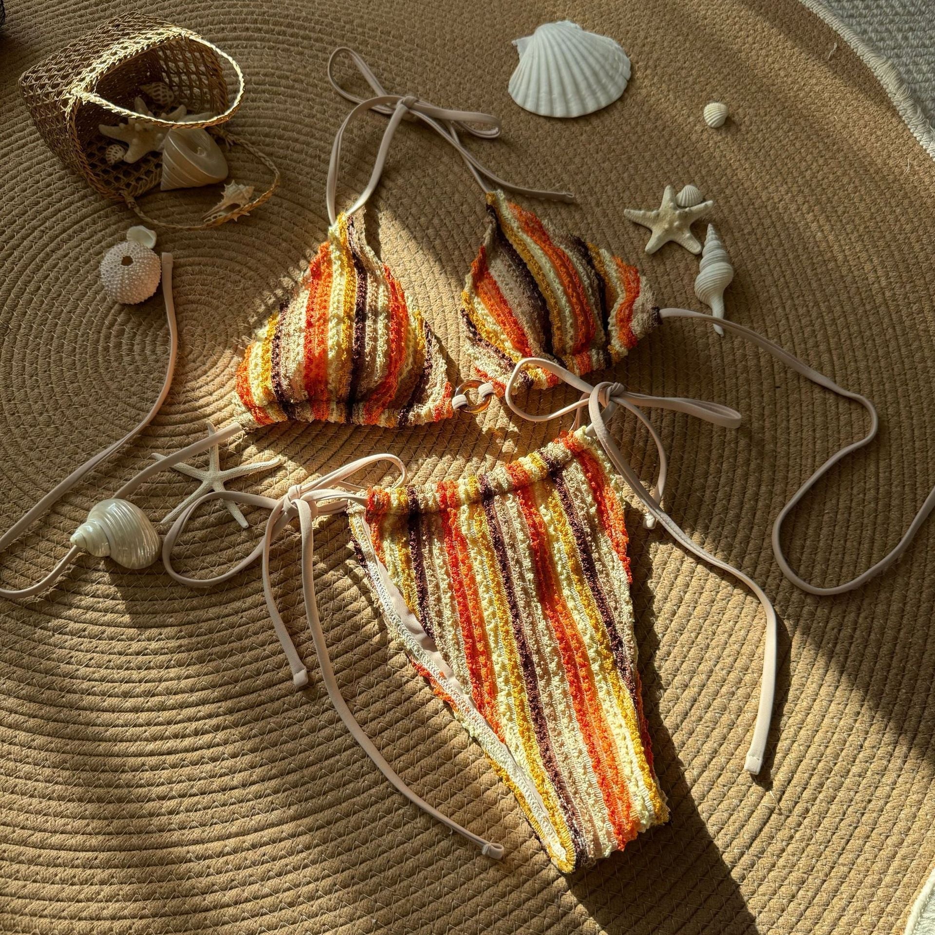 Contrasting Color Jacquard Sexy Drawstring Tied Swimsuit Bikini