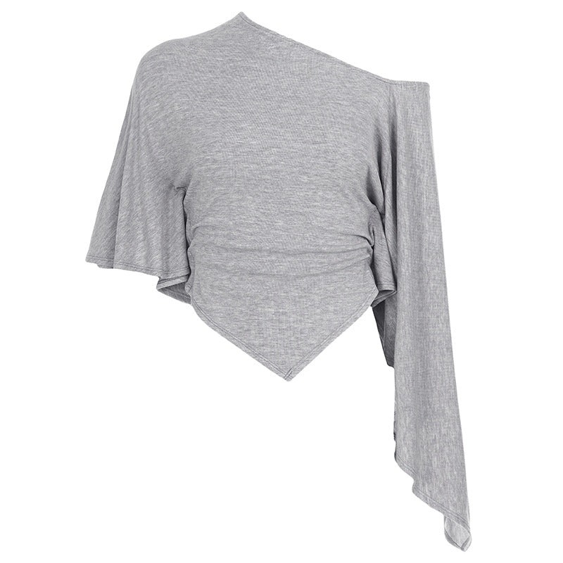 Retro Street Casual Irregular Asymmetric off Shoulder Long Sleeve T shirt Women Simple All Matching Oblique Shoulder Tops Summer