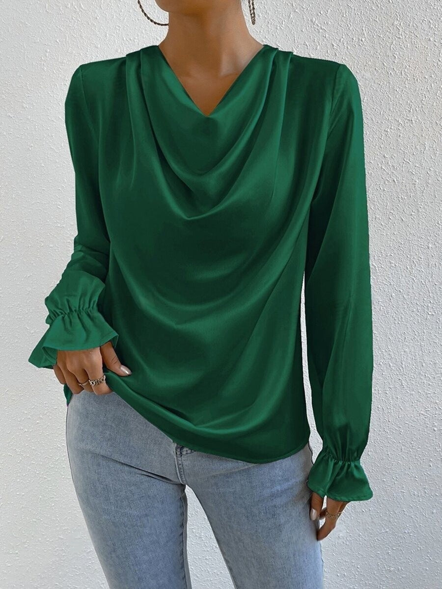 Women Clothing Ruffled Sleeve Satin Shirt Autumn Arrival Long Sleeve Satin Shirt