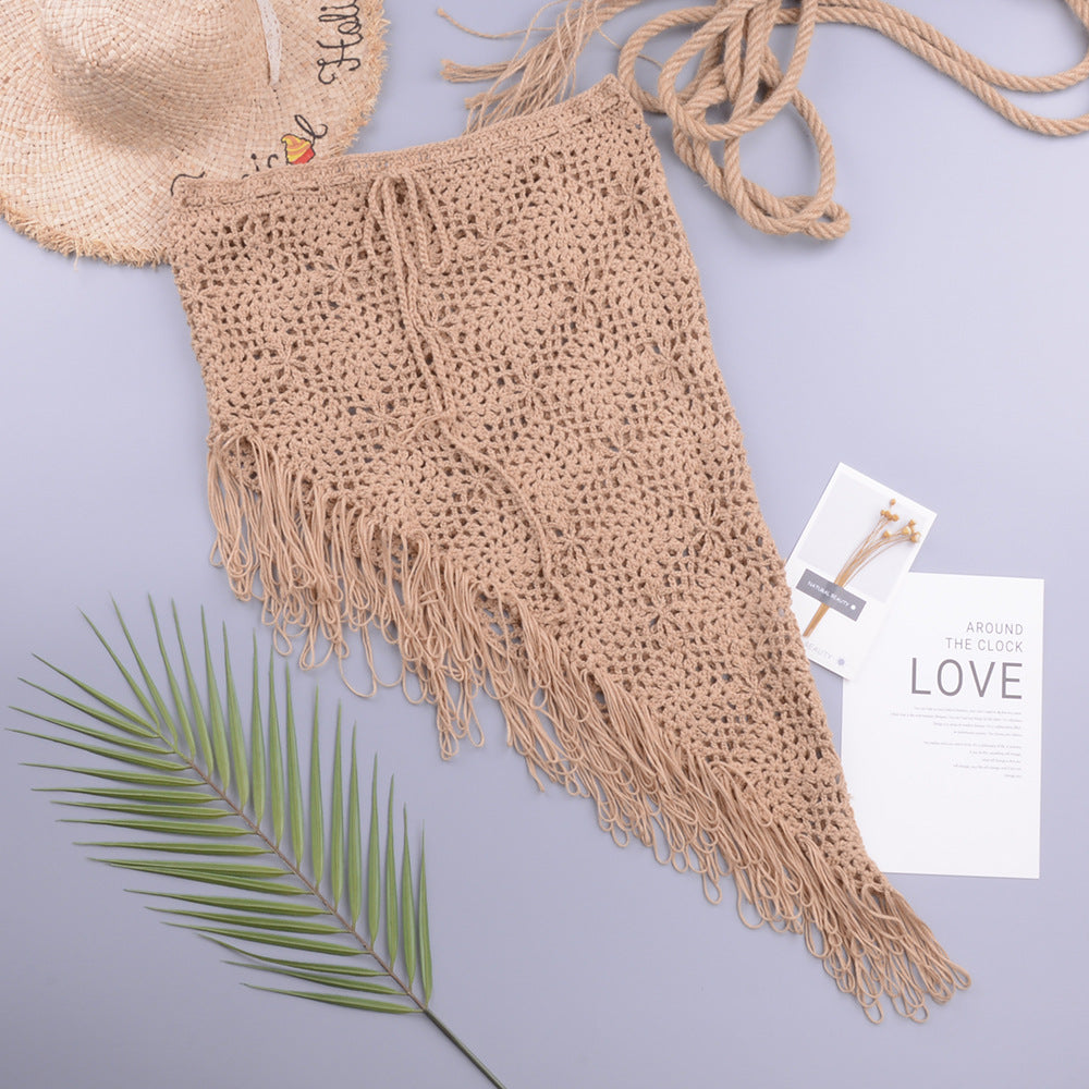 Spring Summer Women Clothing Sexy See-through Hollow Out Cutout Knitted Dress Open Oblique Tassel Beach Skirt