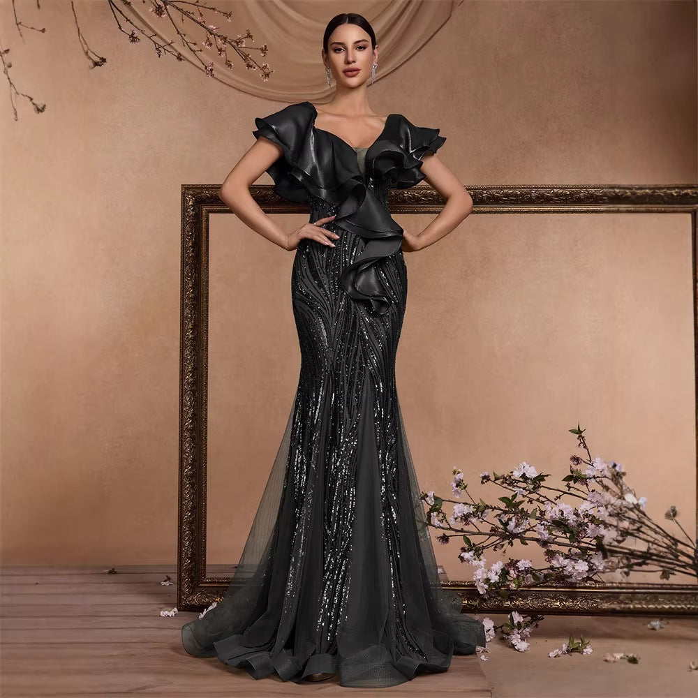 Elegant Ruffle Sleeve Sequin Elegant Cocktail Party Dinner Dress Backless Luxury Fishtail Graduation Evening