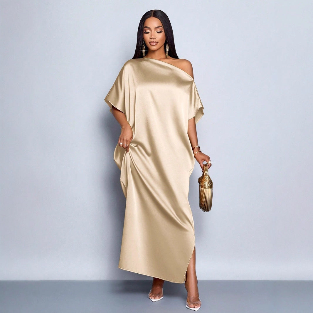 Women Clothing Early Autumn Satin Dress Yellow Satin Maxi Dress