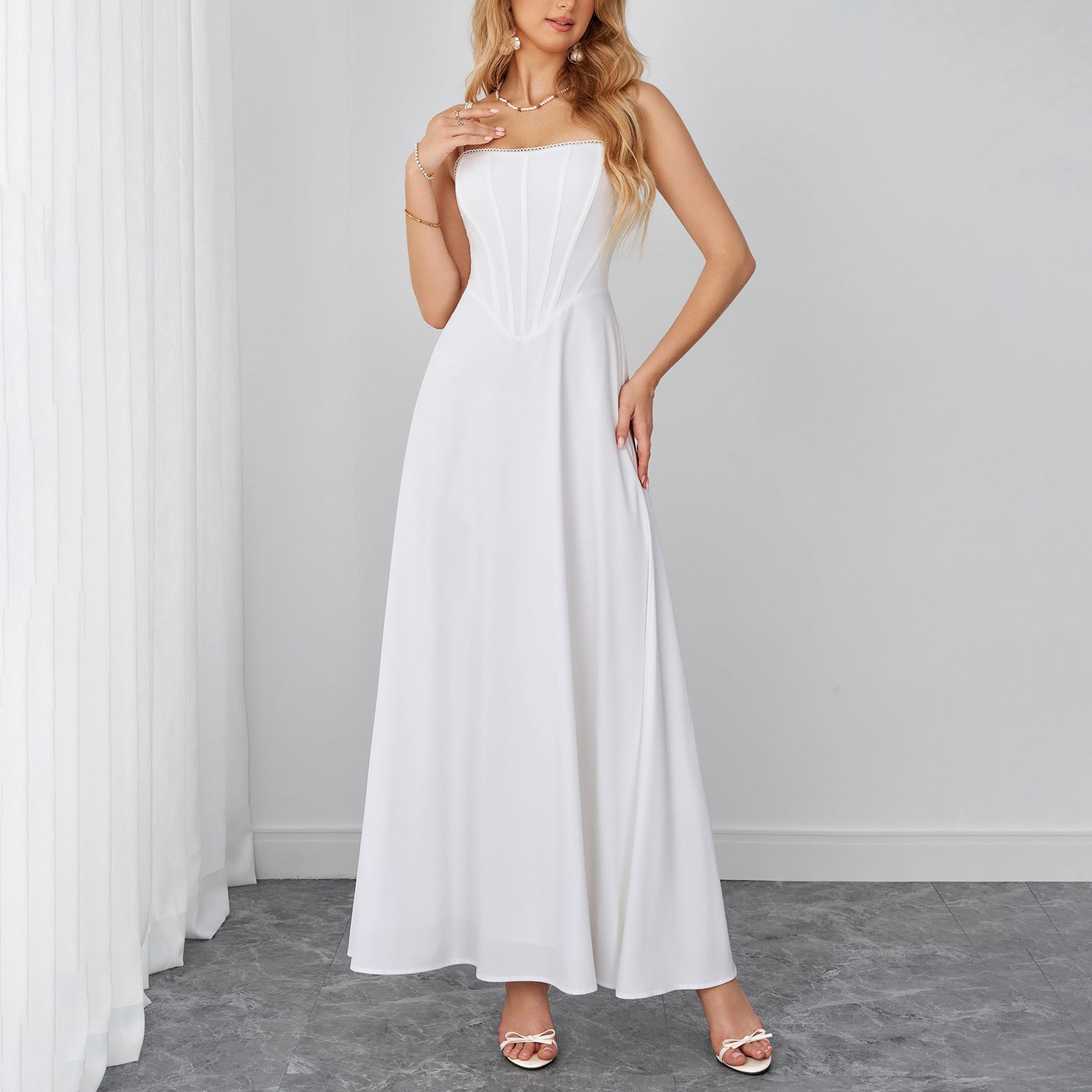 Summer Cami Dress Sexy Backless Lace up Waist Slimming Boning Corset Maxi Dress
