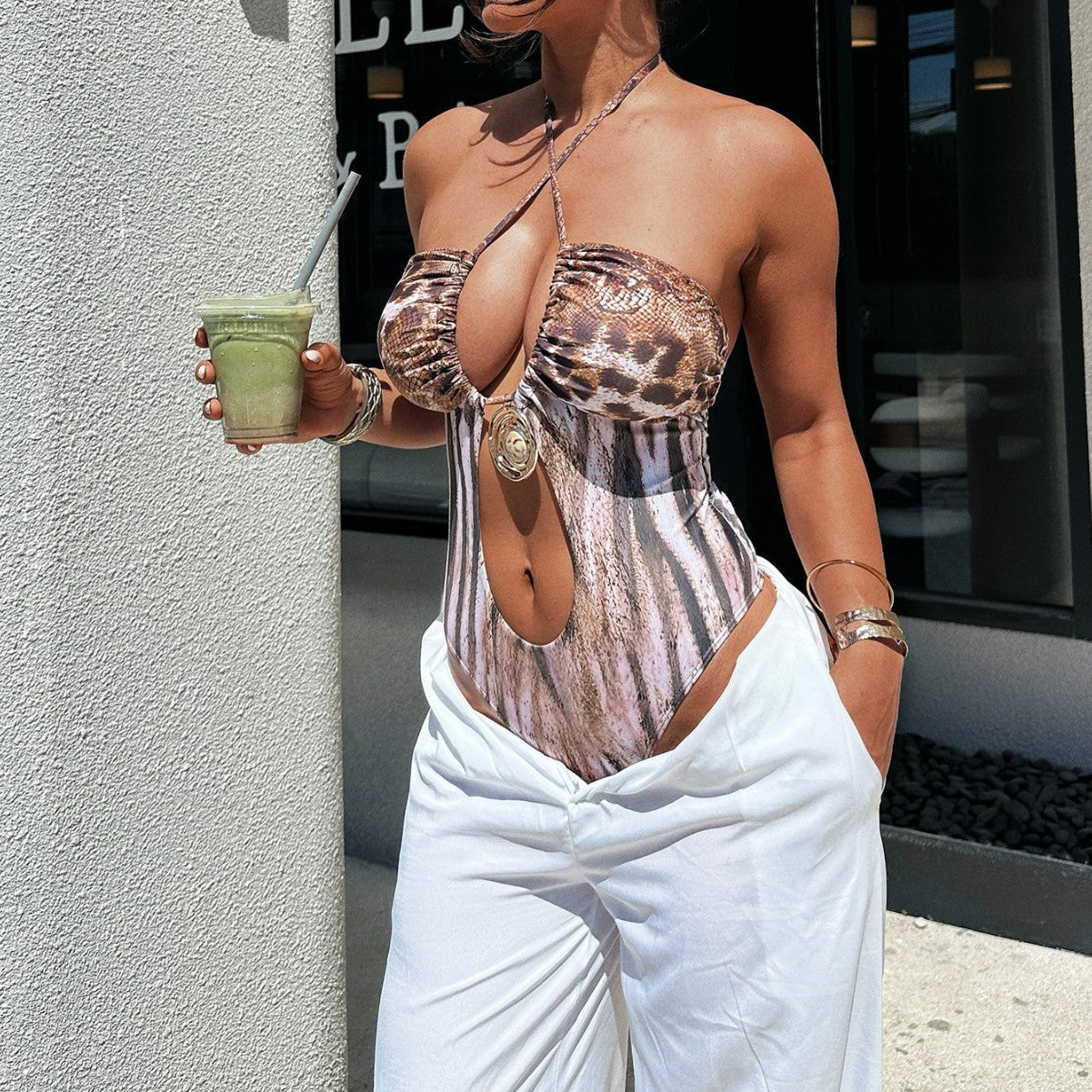 Bikini Leopard Print Hollow Out Cutout out Strap One Piece Swimsuit