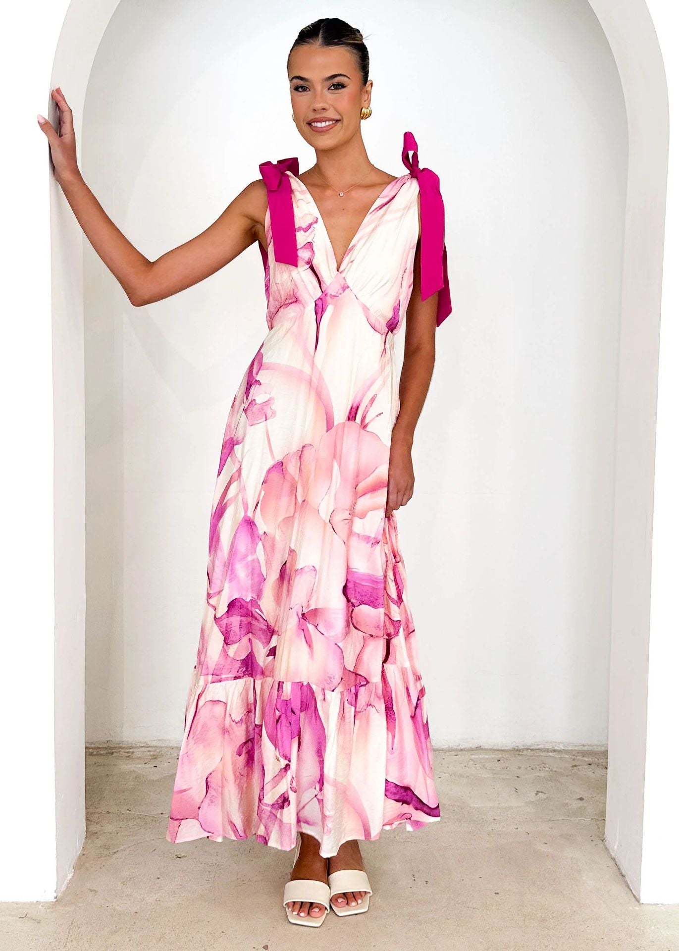 Summer Women Maxi Dress V neck Sleeveless Printed Dress