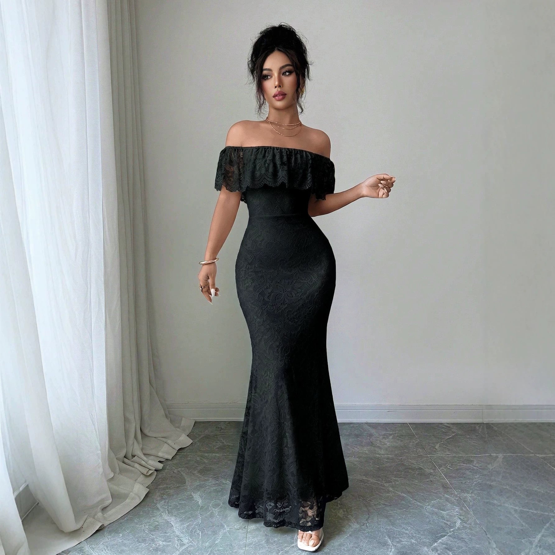 Autumn Elegant off Shoulder Ruffled Lace Patchwork Maxi Dress