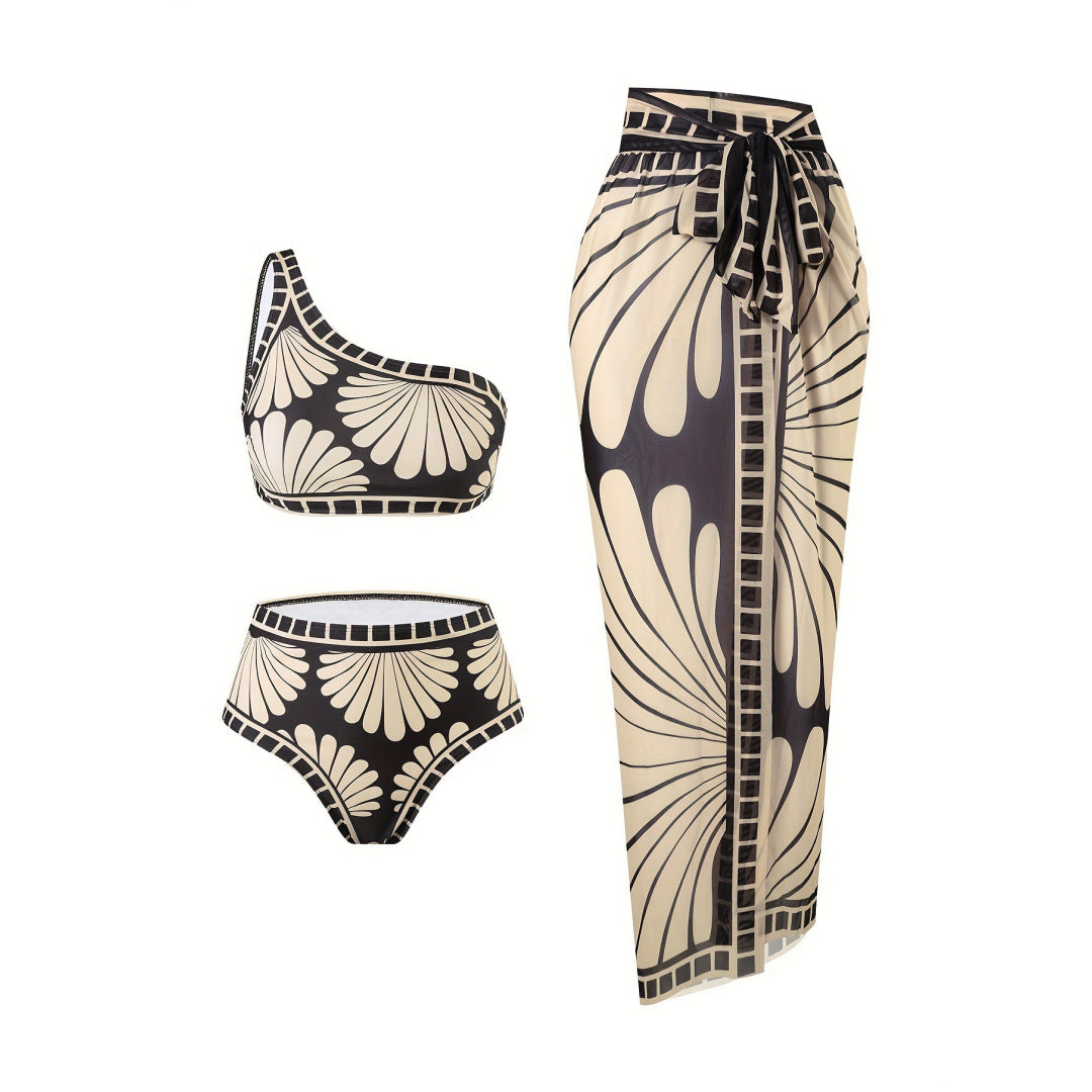 Bikini Customized Printed Oblique Shoulder Three-Piece Skirt Split Swimsuit