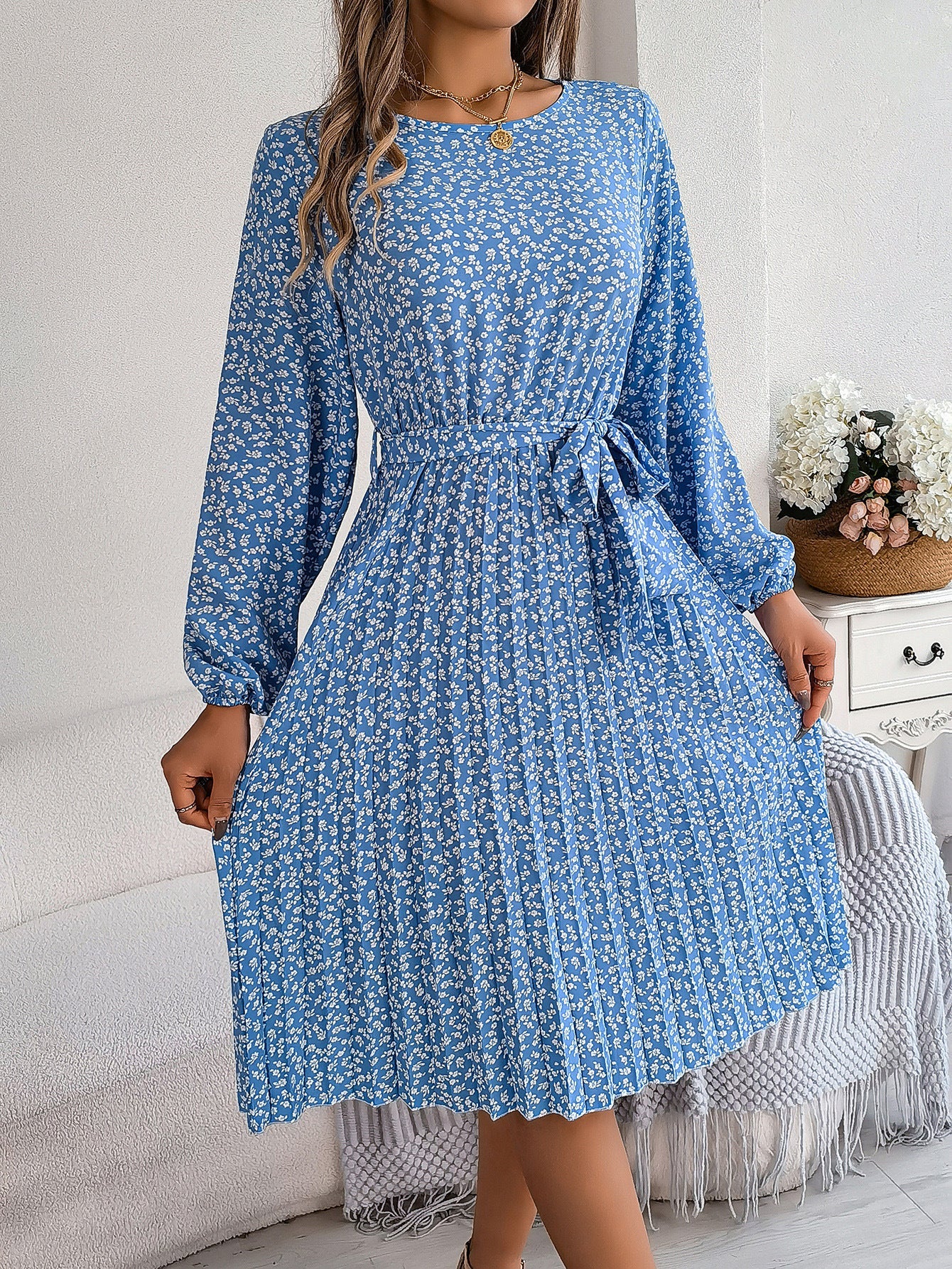 Spring Summer Casual Long Sleeved Floral Large Hem Pleated Women Clothing