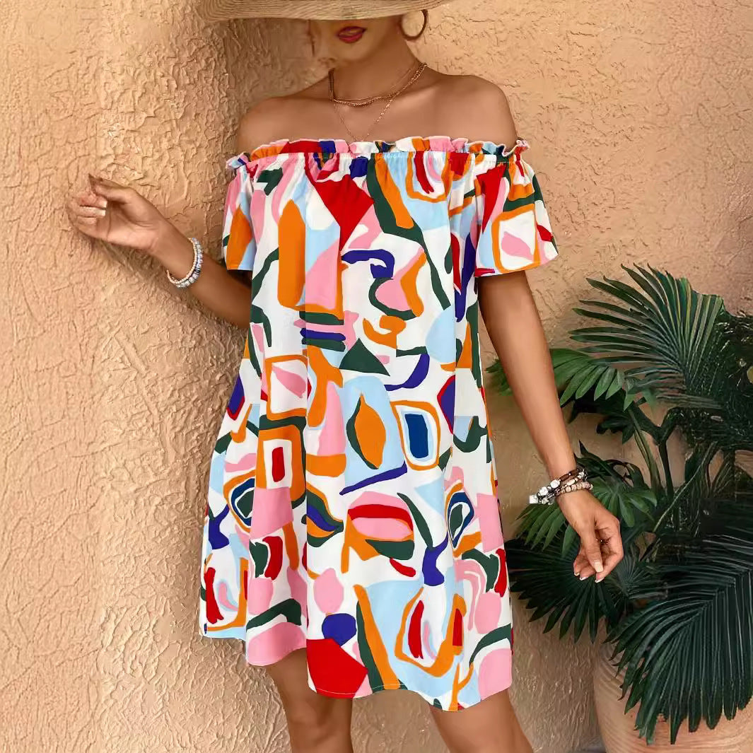 Summer Elegant Ladies Tropical Printing off the Shoulder Dress