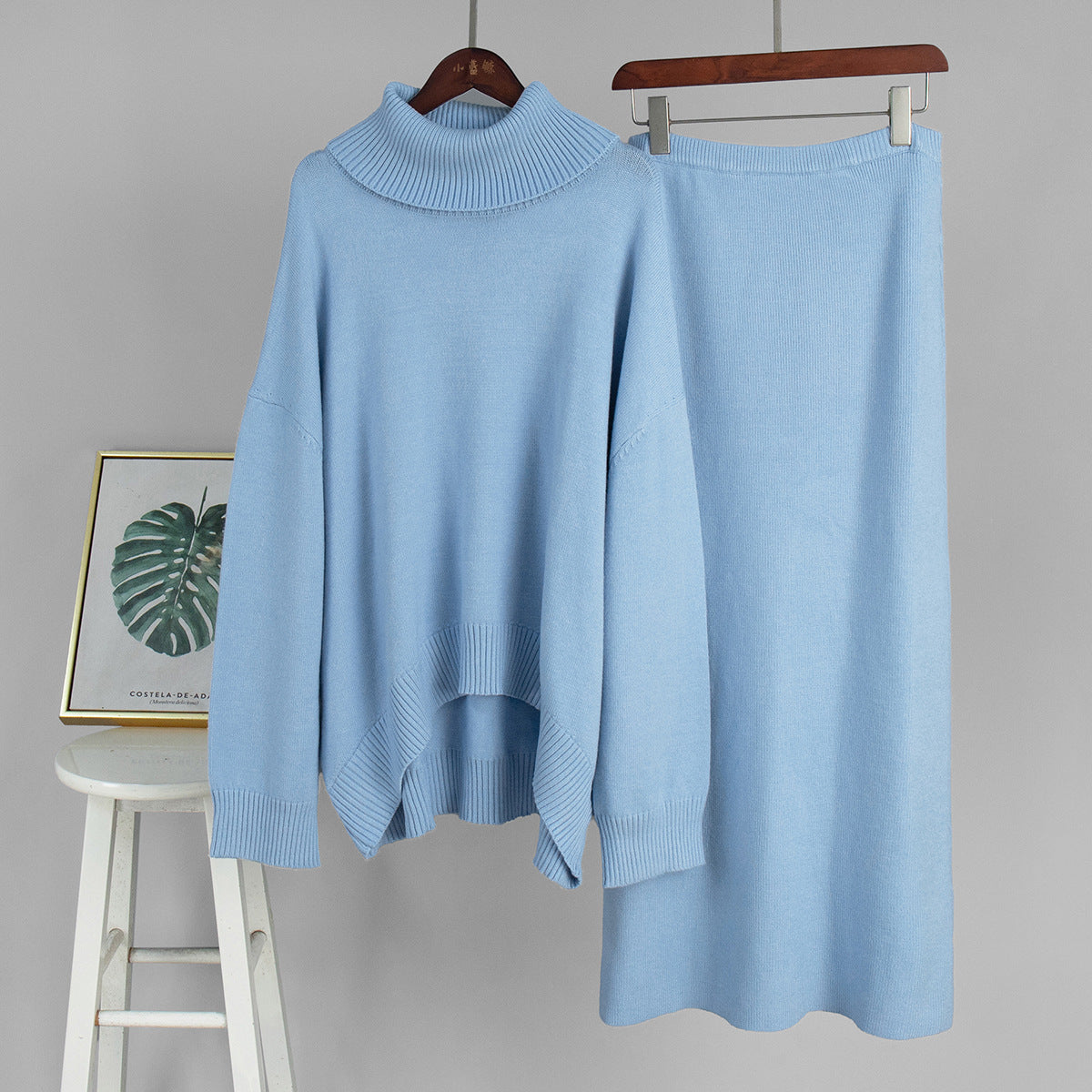 Turtleneck Sweater Skirt Set Women Autumn Winter Loose Knitted Two Piece Sweater Set Women