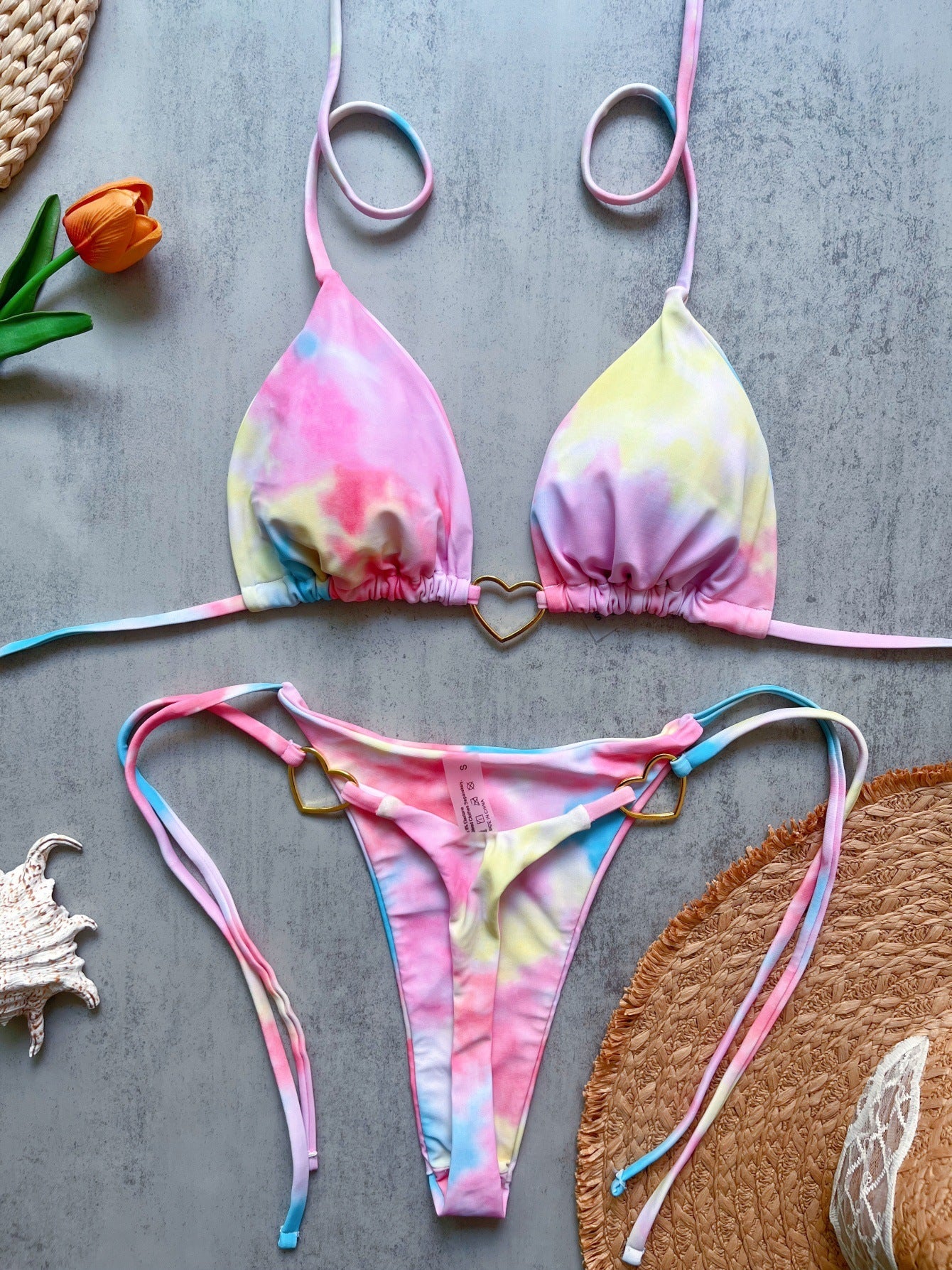 Floral Print Love Accessories Bikini Set Low Waist Lace up Biquini