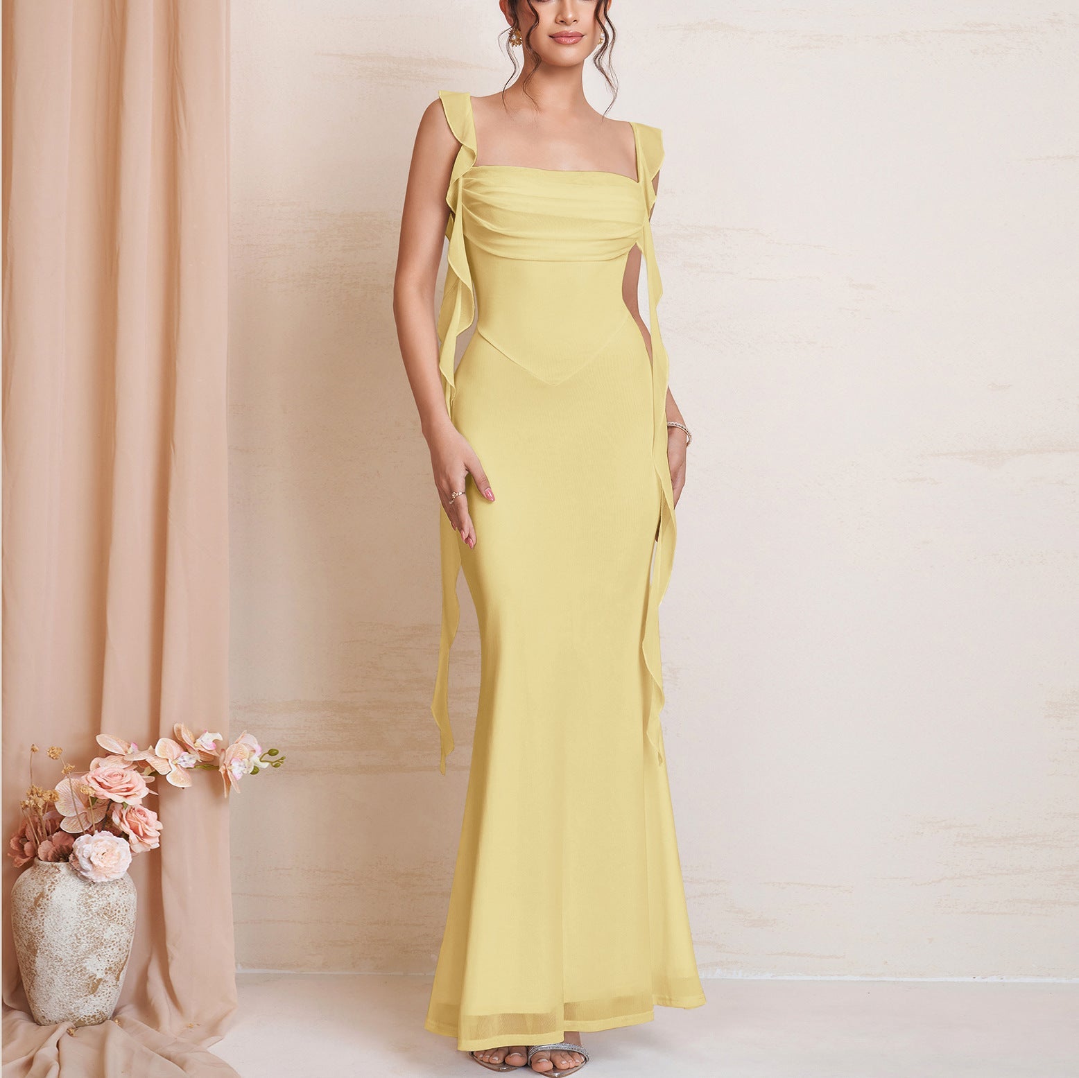 Summer Mesh Cami Dress Sexy Backless Square Collar Pleated Ribbon Cinched Slimming Maxi Dress