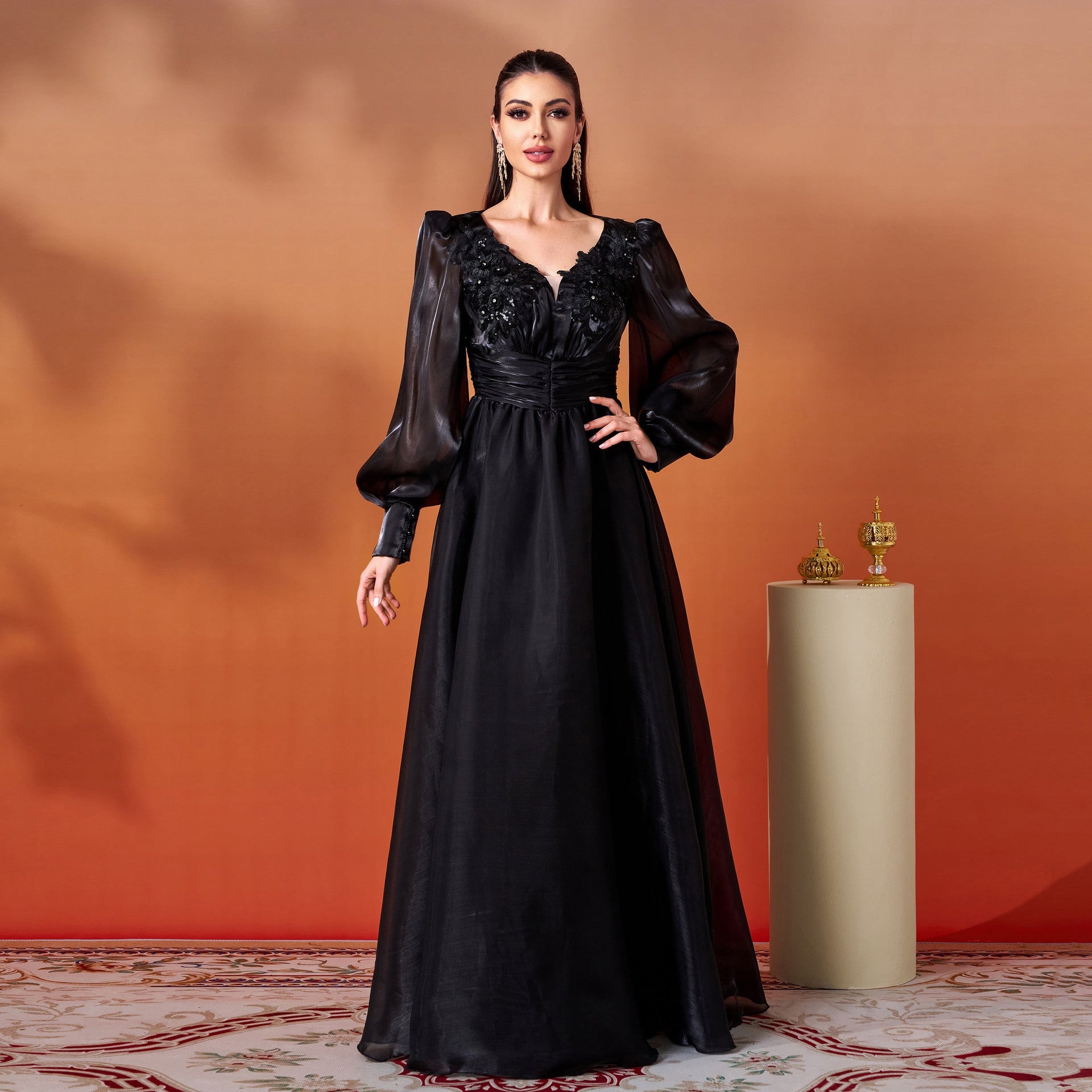 Women Clothing Advanced Long Sleeve V neck Lace Cocktail Large Swing Evening Dress